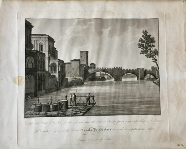 Veduta del Ponte di Castel Vecchio e di una parte del Palazzo Canossa, presa in riva all’Adige a San Lorenzo - Bennassuti